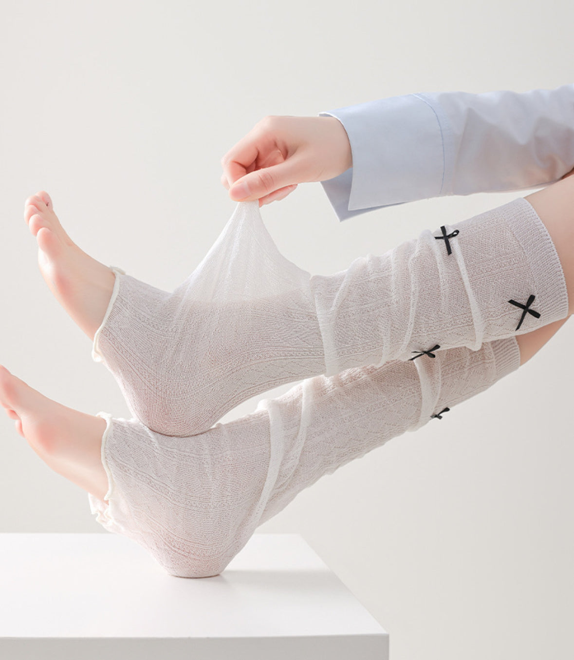 Kawaii Bow Knit Leg Warmers Japanese JK Style Sheer Mesh Long Socks for Girls